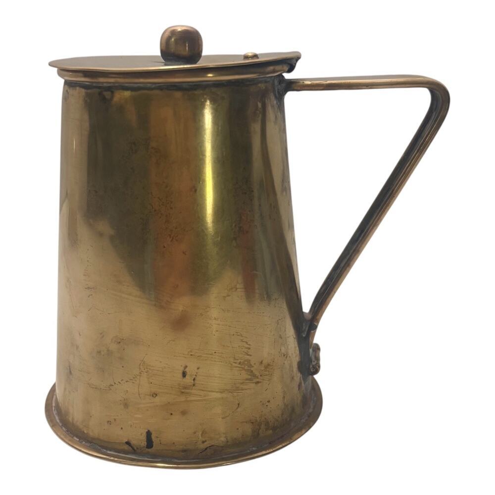Antique Brass Tankard Mug, Lidded Measuring Cup, Hand Soldered, Rustic 4 inches